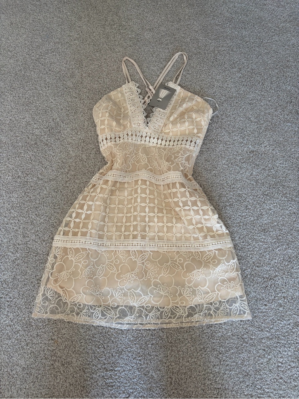 Lace Trim Spaghetti-Strap Mini Dress in Beige